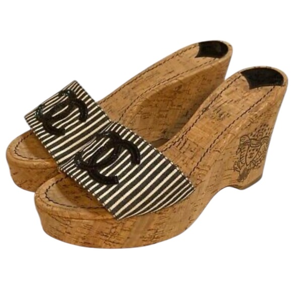 CHANEL VINTAGE  2008 CRUISE COLLECTION STRIPED CORK WEDGE MULE SANDALS SZ 7.5 38 - Picture 1 of 16